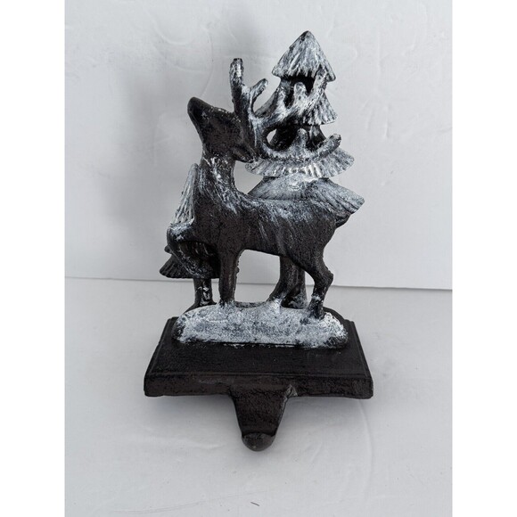 Cast Iron 3D Reindeer Stocking Hanger Snowy Christmas Trees 7” Snow Holiday - Picture 1 of 5